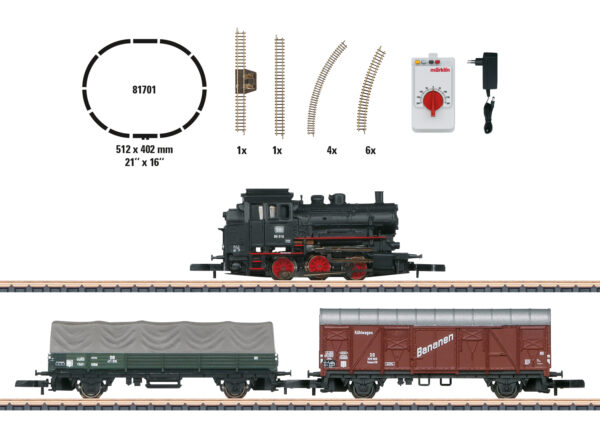 Startpackung Güterzug mit Dampflok BR 89, Gleisoval, Fahrgerät, Stromversorgung.